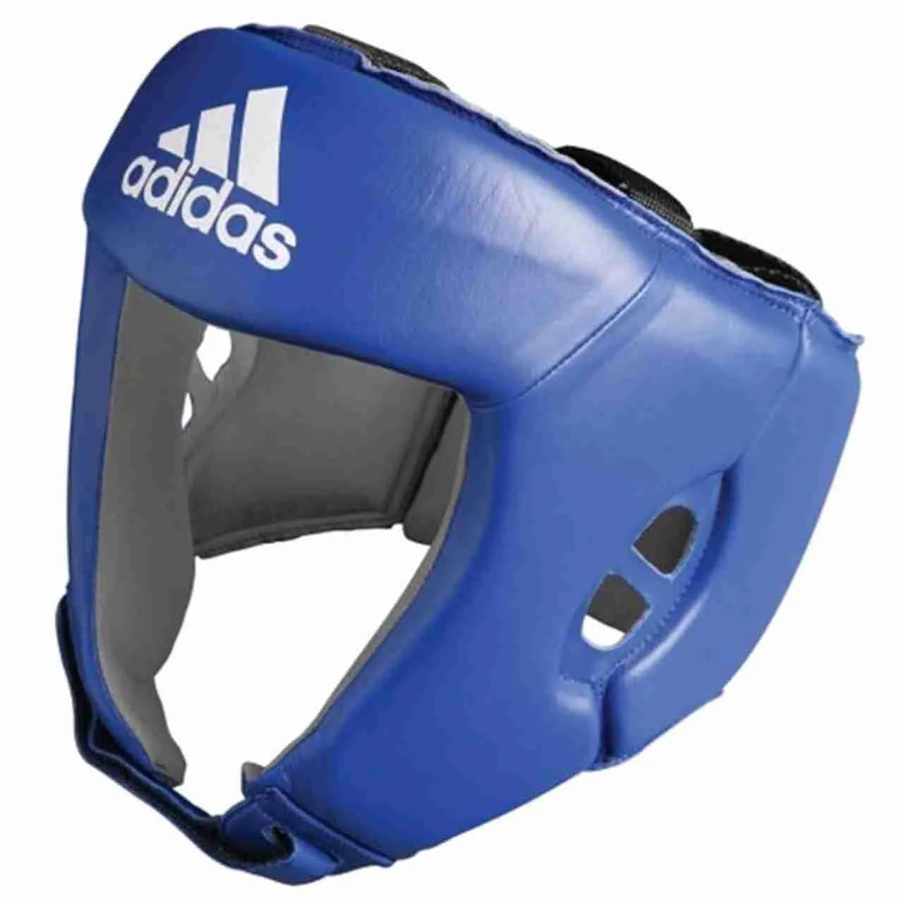 Blue Adidas IBA approved competition headgear by Proamboxinguk, with padded design and secure straps for boxing safety.