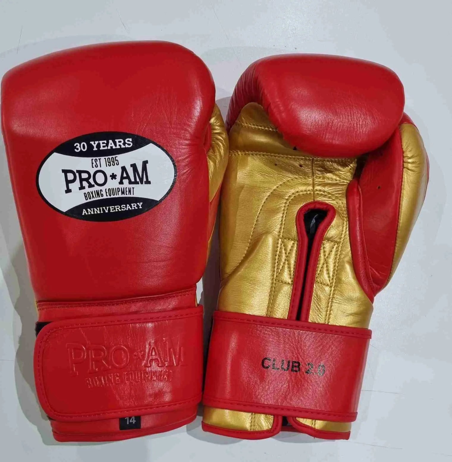 Pro-Am Club Range 2.0 boxing gloves in black with red accents, padded wrist support, and Velcro closure for secure fit.