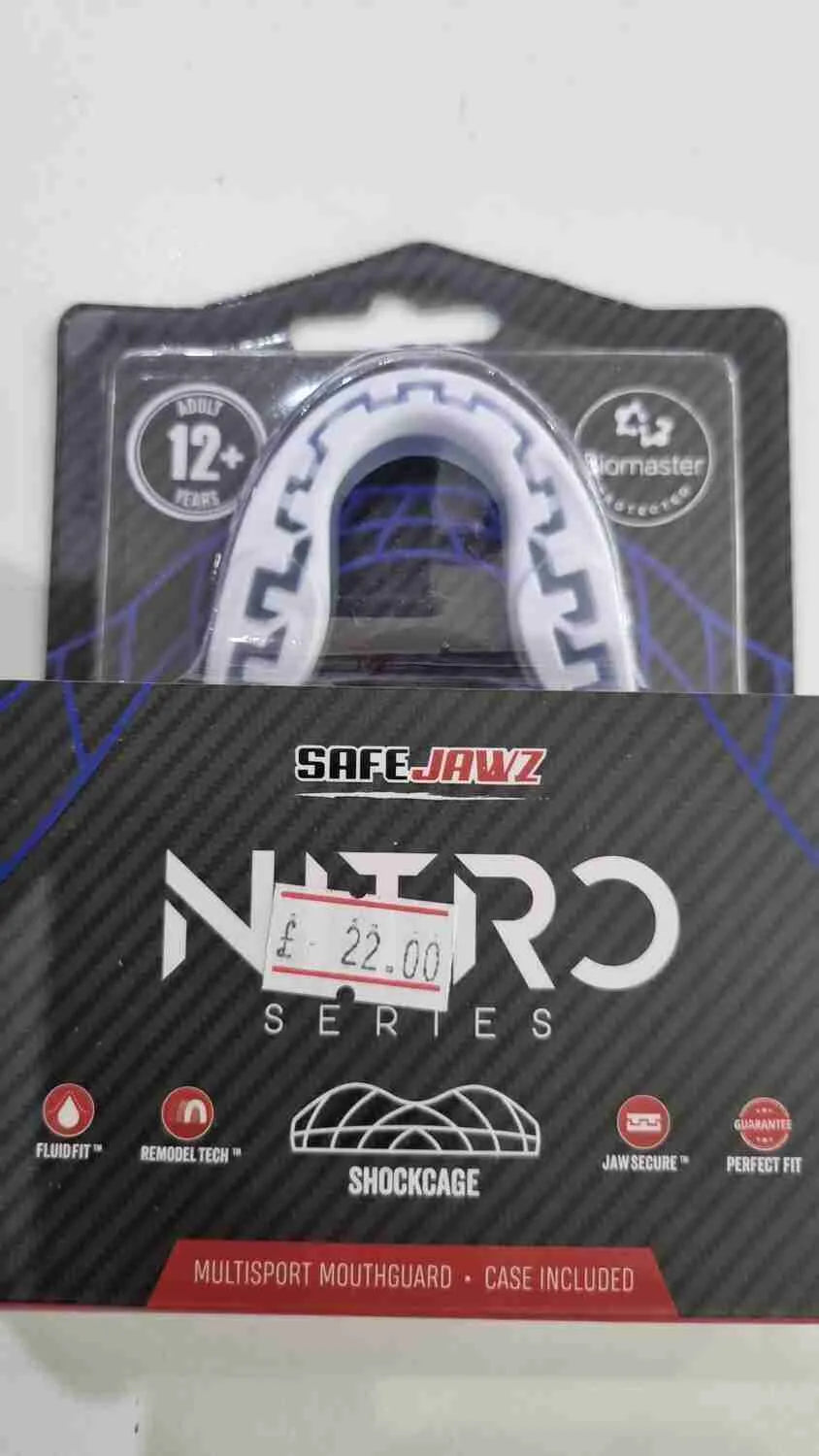 Proamboxinguk Safejawz Nitro boxing gumshield showing clear mouthguard with branding for protection during boxing training