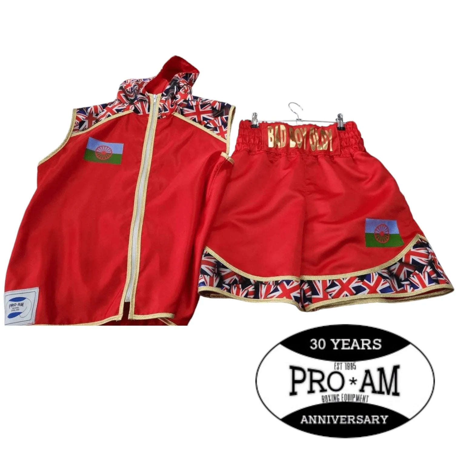 Adult boxing ring shorts and jacket set by Proamboxinguk, featuring custom design with boxing-inspired style and vibrant colors.