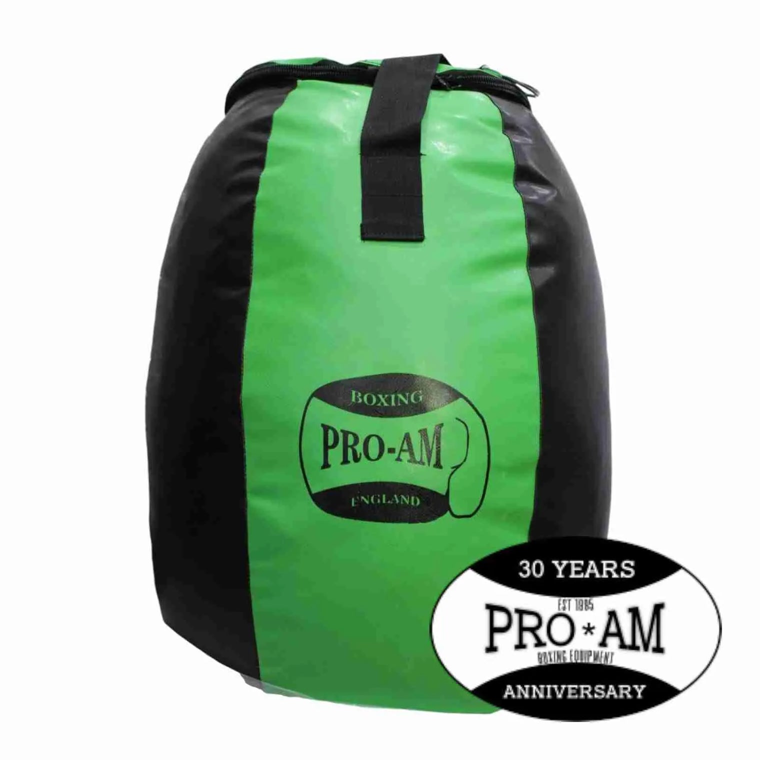 Pro-Am Vinyl Punch Bag in green and black, heavy-duty boxing bag for training by Proamboxinguk.