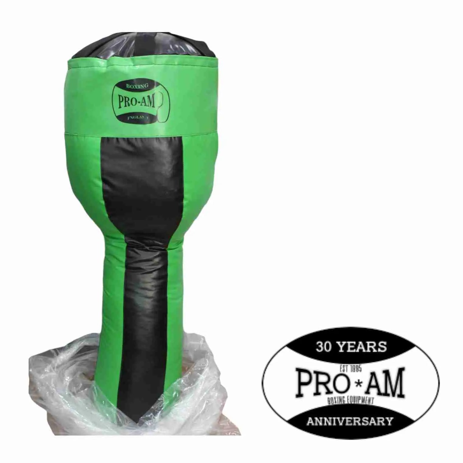 Green and black Pro-Am vinyl punch bag by Proamboxinguk, hanging for boxing training or workout.