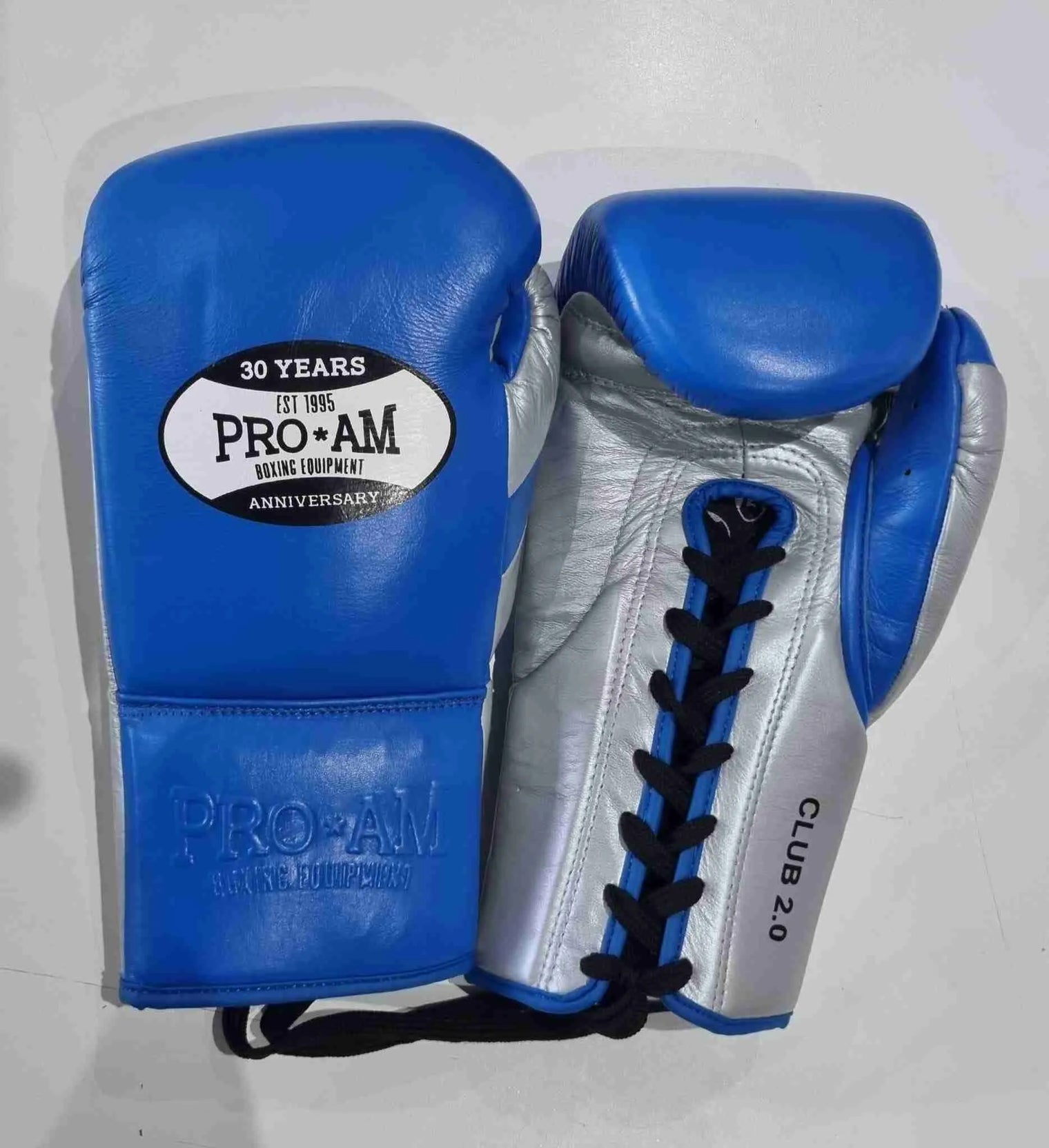 Pro-Am Club 2.0 lace-up training boxing gloves in black with red accents, showing the padded palm and adjustable lace closure.