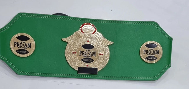 Pro-Am Champions boxing belt by Proamboxinguk featuring a custom award belt with intricate gold details and a bold center plate.