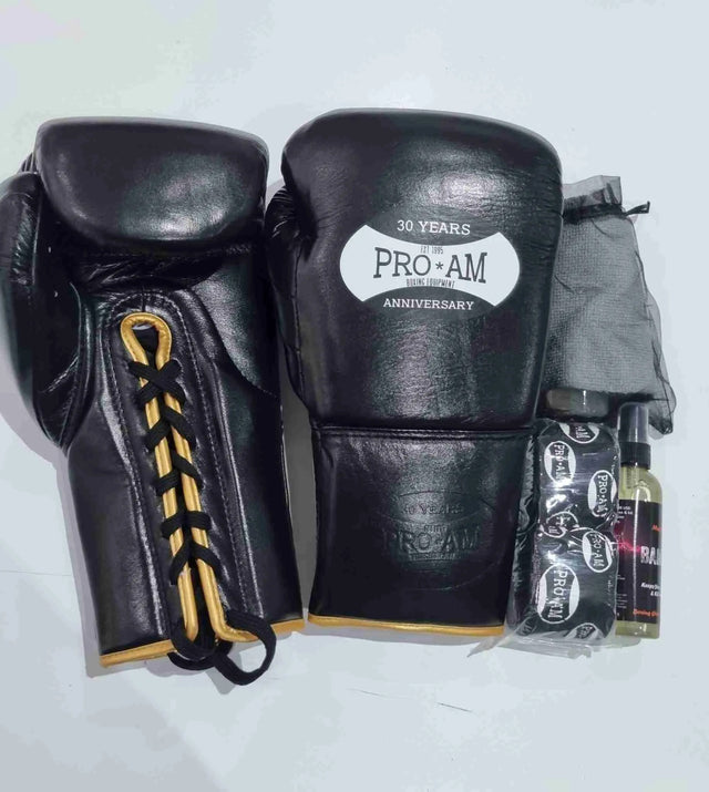 Pro-Am Professional Hybrid 2 boxing gloves by Proamboxinguk, lace-up design with padded palms and adjustable wrist straps.