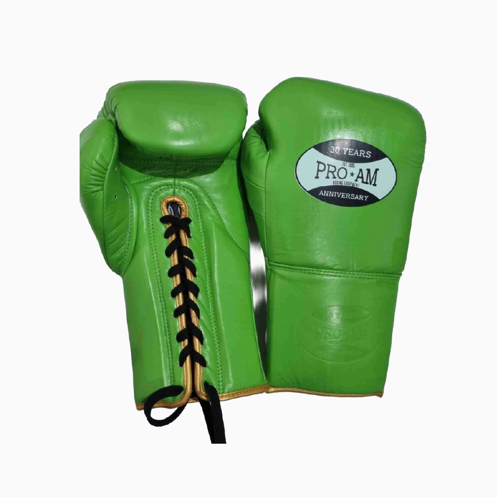 Pro-Am Professional Hybrid 2 Boxing Gloves by Proamboxinguk, lace-up design with padded palms and durable leather exterior.