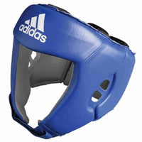 Blue Adidas IBA approved competition headgear by Proamboxinguk, with padded design and secure straps for boxing safety.