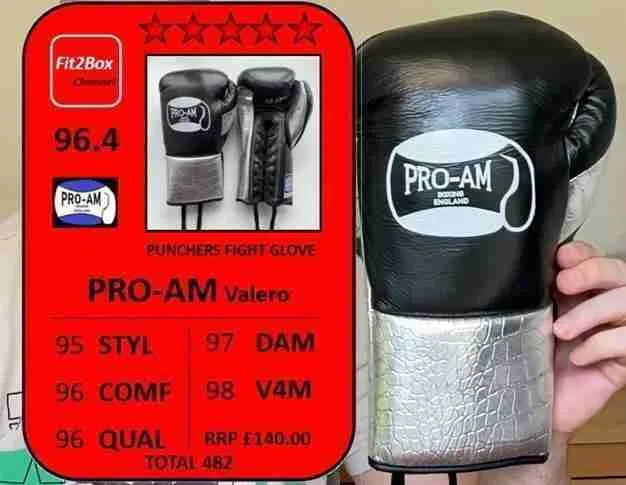 Proamboxinguk Valero Professional Contest Boxing Gloves with BBBofC approval, showing black and red padded boxing gloves for training or competition.