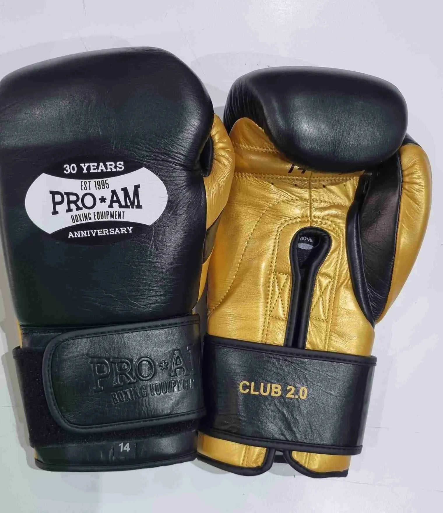 Pro-Am Club Range 2.0 boxing gloves by Proamboxinguk, showing black gloves with padded wrist support and brand logo.