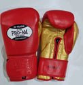 Pro-Am Club Range 2.0 boxing gloves in black with red accents, padded wrist support, and Velcro closure for secure fit.