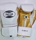 Pro-Am Club Range 2.0 boxing gloves by Proamboxinguk, showing black and red padded gloves with adjustable straps.