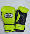 Pro-Am Club Range 2.0 boxing gloves in black with white accents, padded wrist support, and Proamboxinguk branding visible.