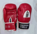 Greenhill IBA approved competition boxing gloves by Proamboxinguk, featuring green leather with padding for boxing training and matches.