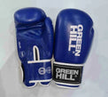 Greenhill IBA approved competition boxing gloves by Proamboxinguk, featuring green padding and secure wrist straps for boxing matches.
