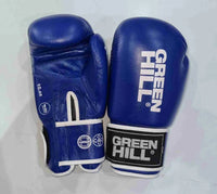 Greenhill IBA approved competition boxing gloves by Proamboxinguk, featuring green padding and secure wrist straps for boxing matches.