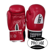 Greenhill IBA approved competition boxing gloves by Proamboxinguk, featuring green color and padded design for boxing matches.