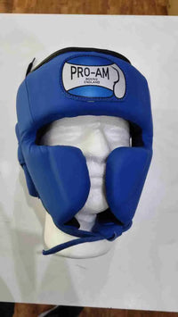 Pro-Am Professional Sparring Headguard by Proamboxinguk showing padded headgear with adjustable straps for boxing training.