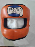 Pro-Am Full Face Bar Headguard by Proamboxinguk, showing protective headgear with full face coverage and adjustable straps.