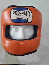Pro-Am Full Face Bar Headguard by Proamboxinguk, showing protective headgear with full face coverage and adjustable straps.