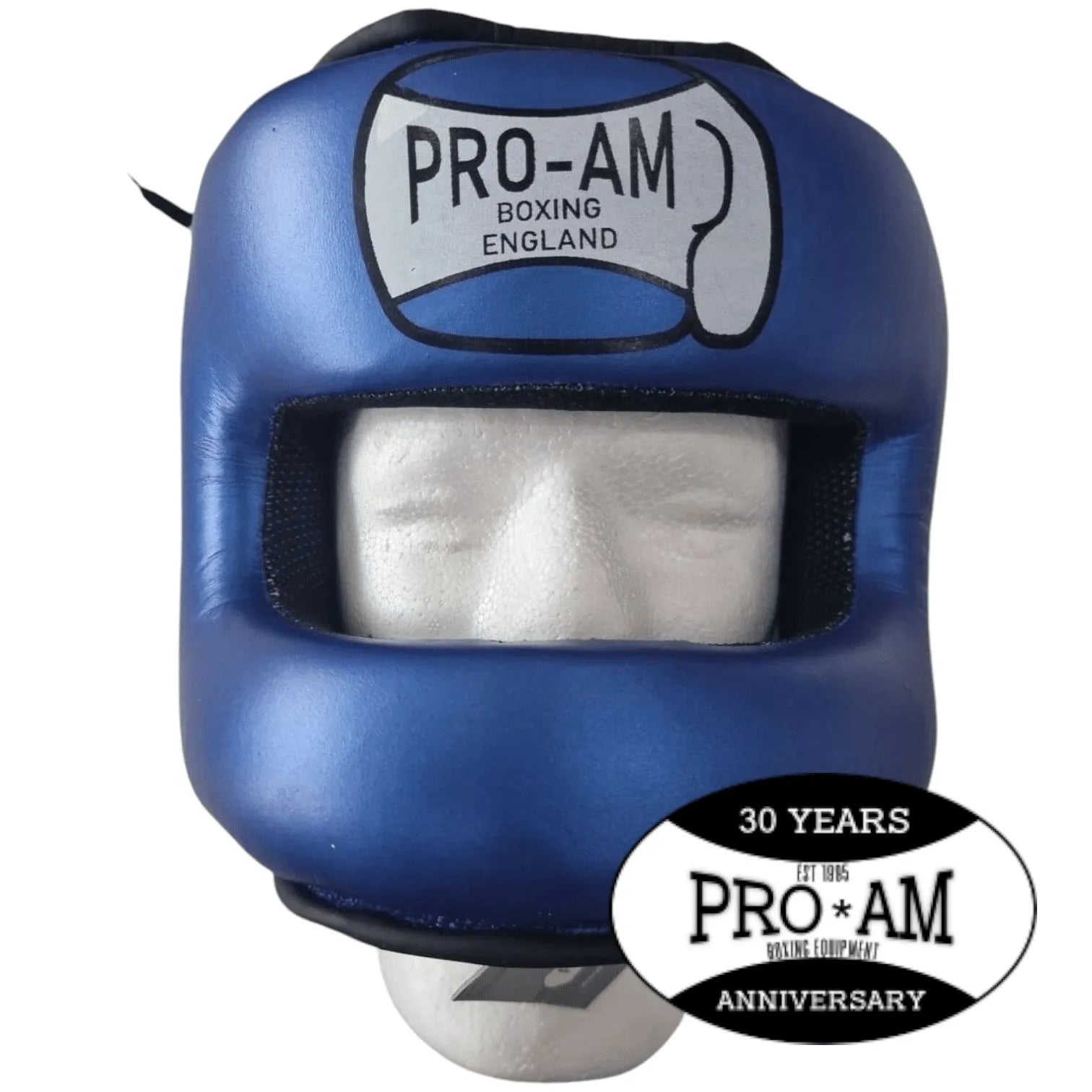 Pro-Am Full Face Bar Headguard by Proamboxinguk showing padded headgear with full face protection and adjustable straps for boxing.