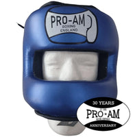 Pro-Am Full Face Bar Headguard by Proamboxinguk showing padded headgear with full face protection and adjustable straps for boxing.