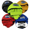 Pro-Am Speed Focus Pads for boxing training, featuring black and red design from Proamboxinguk, held in a trainer's hands.