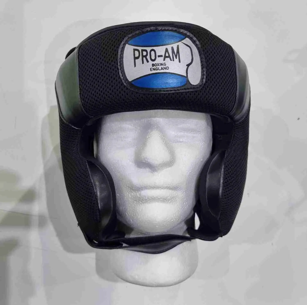 Pro-Am Lightweight Training Headguard for boxing protection, showing a black and red headguard with adjustable straps.