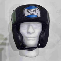 Pro-Am Lightweight Training Headguard for boxing protection, showing a black and red headguard with adjustable straps.