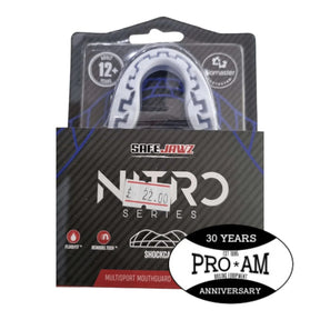 Proamboxinguk Safejawz Nitro boxing gumshield shown in black with clear mouthguard, designed for protective boxing gear.