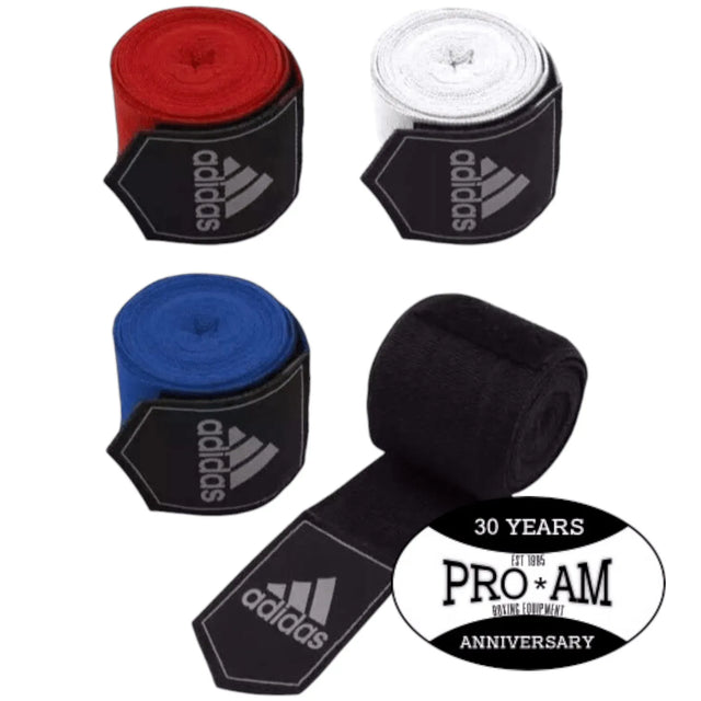 Proamboxinguk Adidas ABA approved competition hand wraps in 2.5m and 4.5m, featuring black fabric and secure velcro closures.