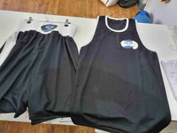 Custom Proamboxinguk boxing shorts and vest with logo, displayed in a boxing kit set for training or competition.