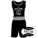Custom Proamboxinguk boxing shorts and vest with logo, displayed on a mannequin for club boxing training.