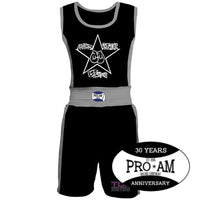Custom Proamboxinguk boxing shorts and vest with logo, displayed on a mannequin for club boxing training.