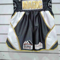Custom boxing shorts by Proamboxinguk with personalized name and logo, featuring lightweight fabric and athletic fit.