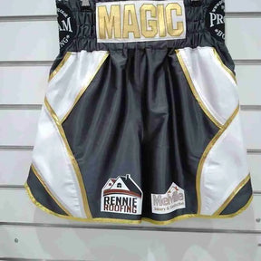 Custom boxing shorts by Proamboxinguk with personalized name and logo, featuring lightweight fabric and athletic fit.