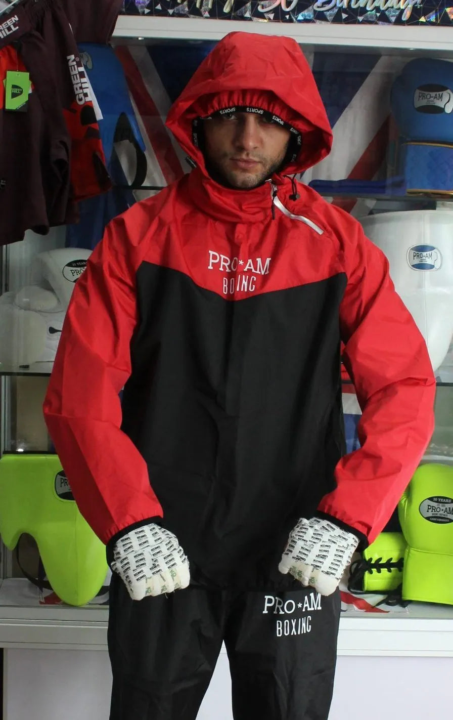 Pro-Am Sauna Suit by Proamboxinguk, full-body weight loss training suit, made of lightweight material for exercise and sweating.