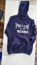 Pro-Am Boxing Hoodie by Proamboxinguk featuring a black hoodie with boxing logo and athletic fit, suitable for training or casual wear.