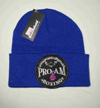 Pro-Am Boxing Beanie Hat by Proamboxinguk, navy blue knit cap with logo, suitable for sports and casual wear.