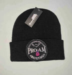 Pro-Am Boxing Beanie Hat by Proamboxinguk, soft knit fabric, black color, close-up view showing logo and cozy fit.