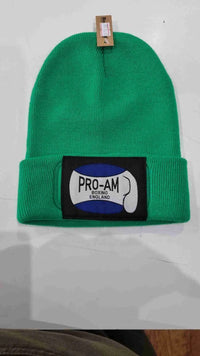 Pro-Am Boxing Beanie Hat by Proamboxinguk, close-up of black knit beanie with logo, suitable for sports and casual wear.
