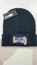 Pro-Am Boxing Beanie Hat by Proamboxinguk, close-up of black knit hat with folded cuff and logo branding.