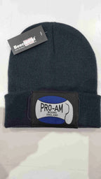 Pro-Am Boxing Beanie Hat by Proamboxinguk, close-up of black knit hat with folded cuff and logo branding.
