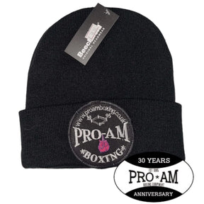 Pro-Am Boxing Beanie Hat by Proamboxinguk, black knit cap with logo, designed for boxing fans and athletes.