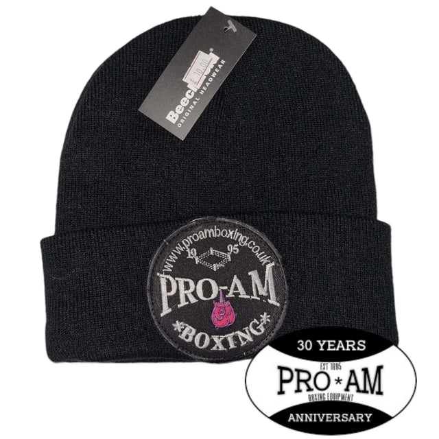 Pro-Am Boxing Beanie Hat by Proamboxinguk, black knit cap with logo, designed for boxing fans and athletes.
