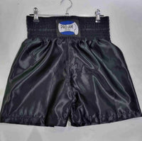 Pro-Am Satin Boxing Shorts in black with white trim, featuring the Proamboxinguk logo and comfortable waistband.