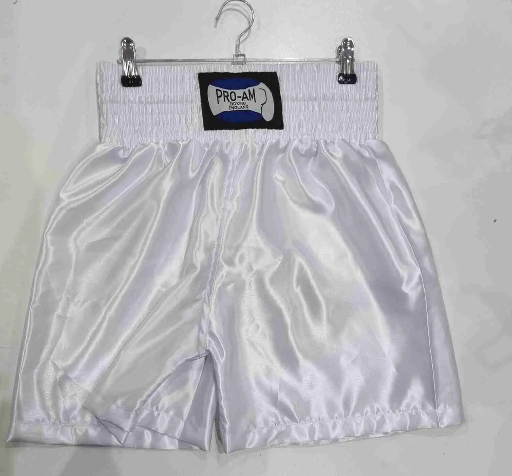 Pro-Am Satin Boxing Shorts in black with white trim, featuring the Proamboxinguk logo, designed for boxing training and matches.