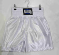 Pro-Am Satin Boxing Shorts in black with white trim, featuring the Proamboxinguk logo, designed for boxing training and matches.