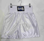 Pro-Am Satin Boxing Shorts in black with white trim, featuring the Proamboxinguk logo, designed for boxing training and matches.