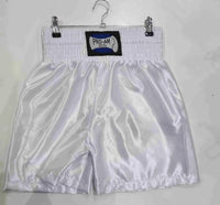 Pro-Am Satin Boxing Shorts in black with white trim, featuring the Proamboxinguk logo, designed for boxing training and matches.