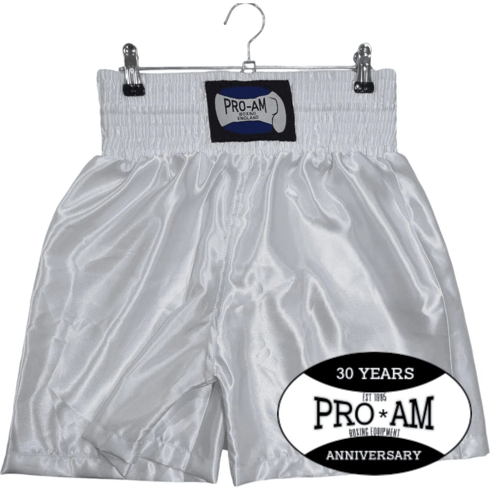Pro-Am Satin Boxing Shorts by Proamboxinguk, featuring a sleek satin finish and adjustable waistband for combat sports training.